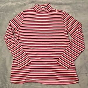 Lands’ End Mock Neck Striped Top Large Red Pink White Like New